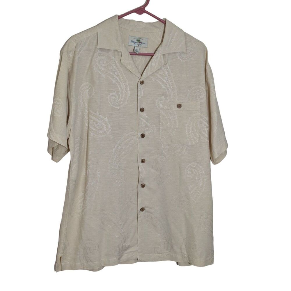 100% Silk Island Shores Shirt Men's Size Medium Full Button Front Beige Paisley